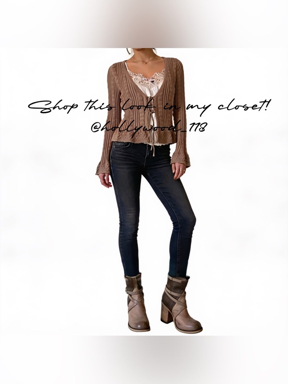 Shop this look! Free People tank top, Freebird booties, jeans, cardigan